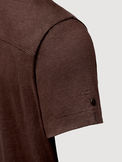 Madeira French Linen Short Sleeve Polo in *Java Brown* (warm brown) — sleeve uncuffed detail | Y.Chroma