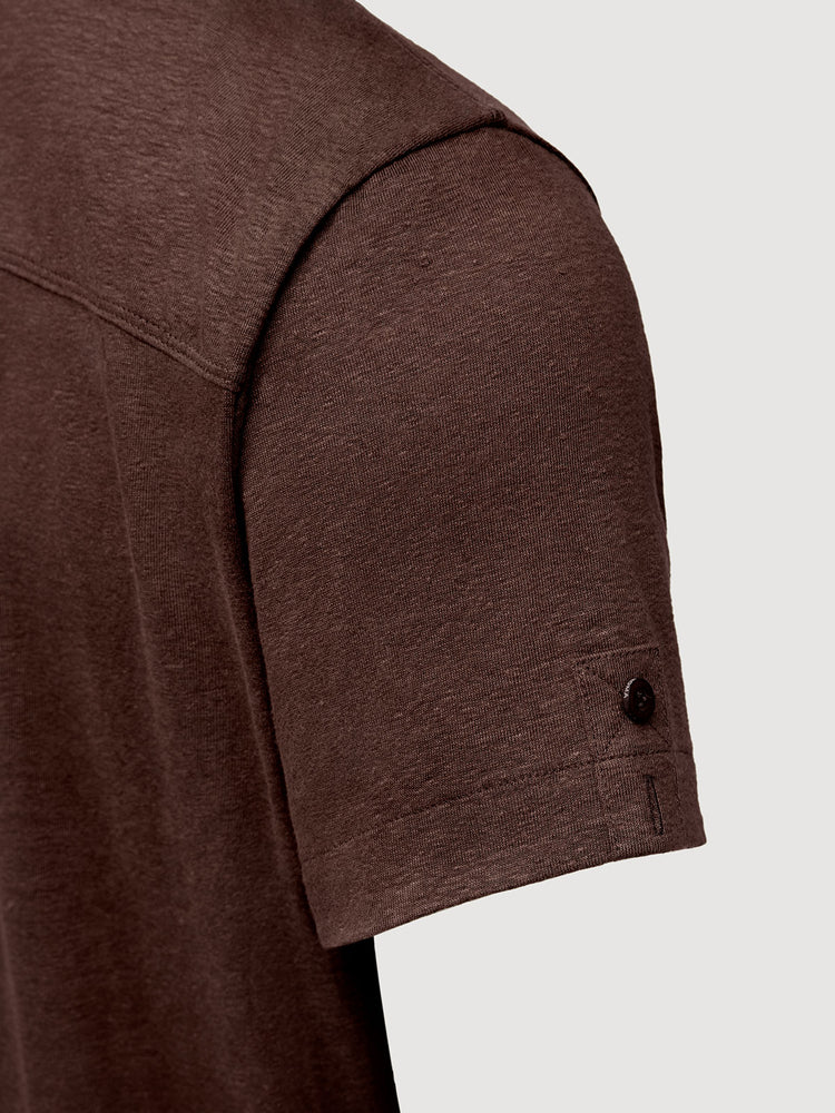 Madeira French Linen Short Sleeve Polo in *Java Brown* (warm brown) — sleeve uncuffed detail | Y.Chroma
