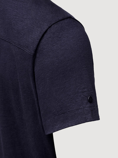 Madeira French Linen Short Sleeve Polo in *Midnight Blue* (navy blue) — sleeve uncuffed detail | Y.Chroma