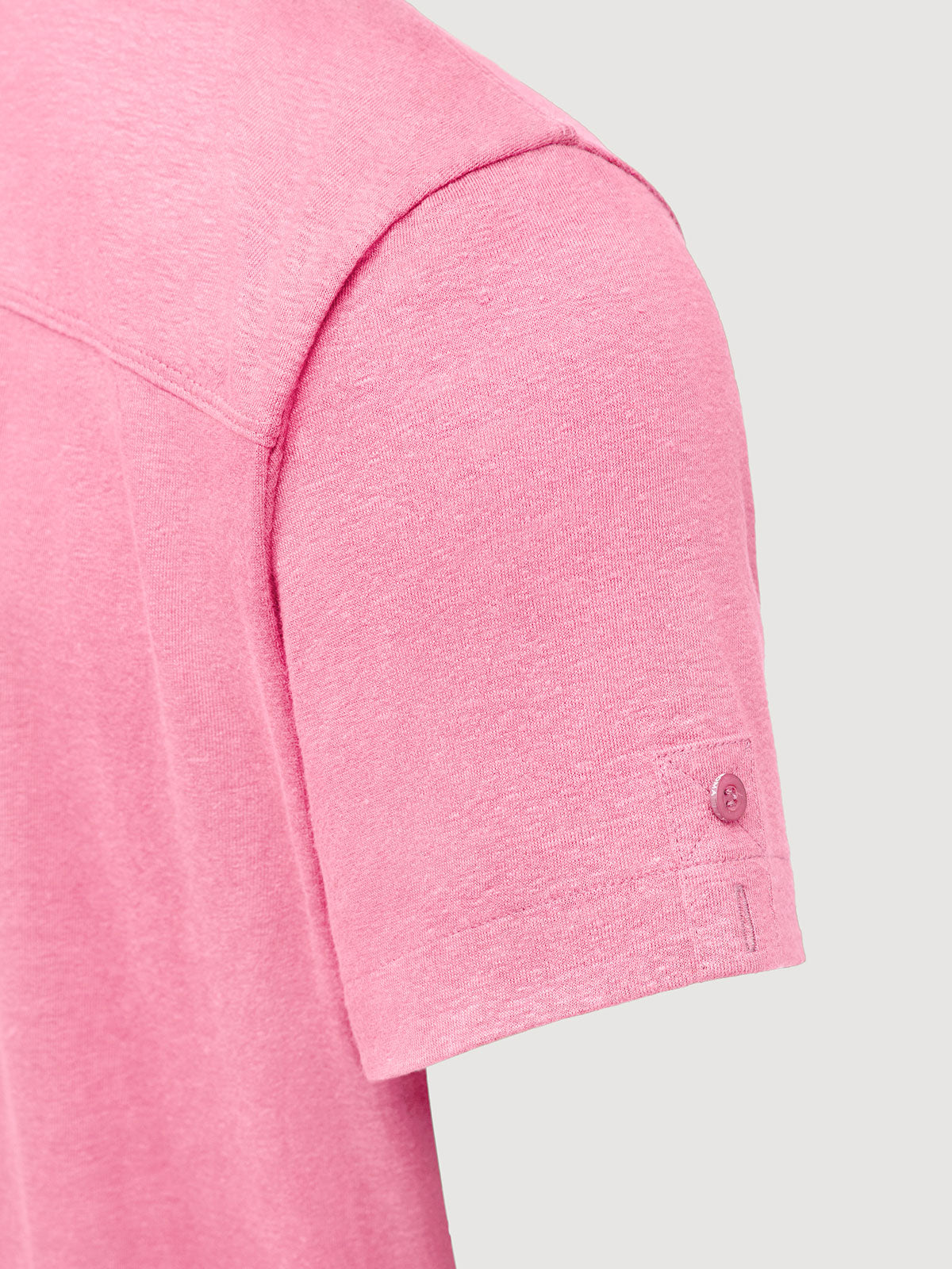 Madeira French Linen Short Sleeve Polo in *Quartz Pink* (dusty pink) — sleeve uncuffed detail | Y.Chroma