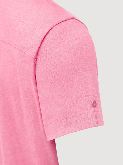 Madeira French Linen Short Sleeve Polo in *Quartz Pink* (dusty pink) — sleeve uncuffed detail | Y.Chroma