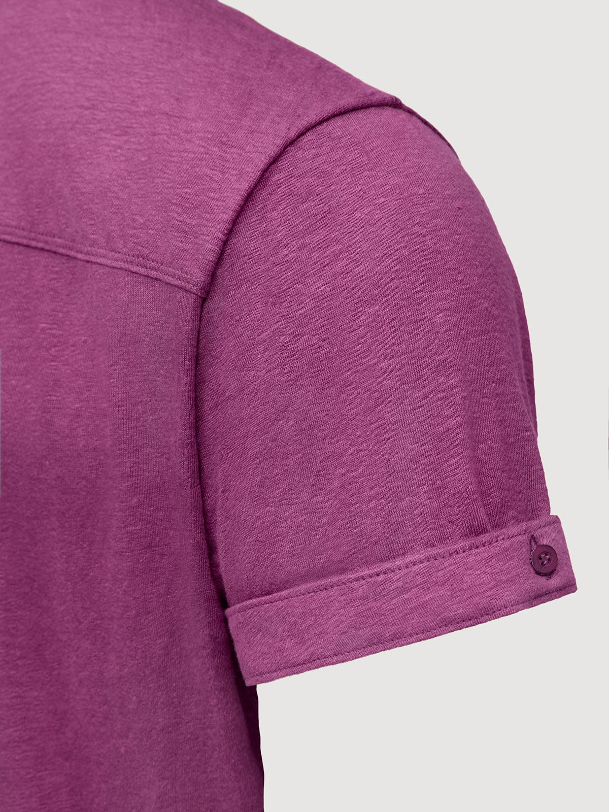 Madeira French Linen Short Sleeve Polo in *Italian Plum* (deep purple) — sleeve cuffed detail | Y.Chroma