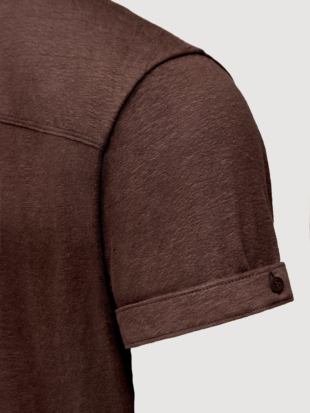 Madeira French Linen Short Sleeve Polo in *Java Brown* (warm brown) — sleeve cuffed detail | Y.Chroma