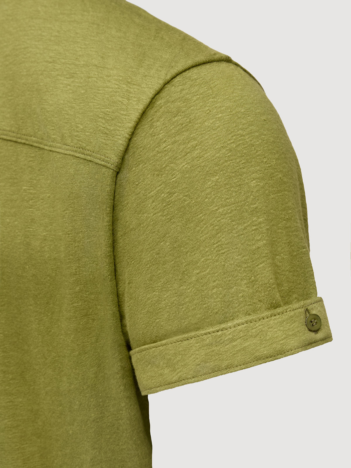 Madeira French Linen Short Sleeve Polo in *Military Olive* (olive green) — sleeve cuffed detail | Y.Chroma