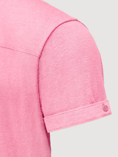 Madeira French Linen Short Sleeve Polo in *Quartz Pink* (dusty pink) — sleeve cuffed detail | Y.Chroma