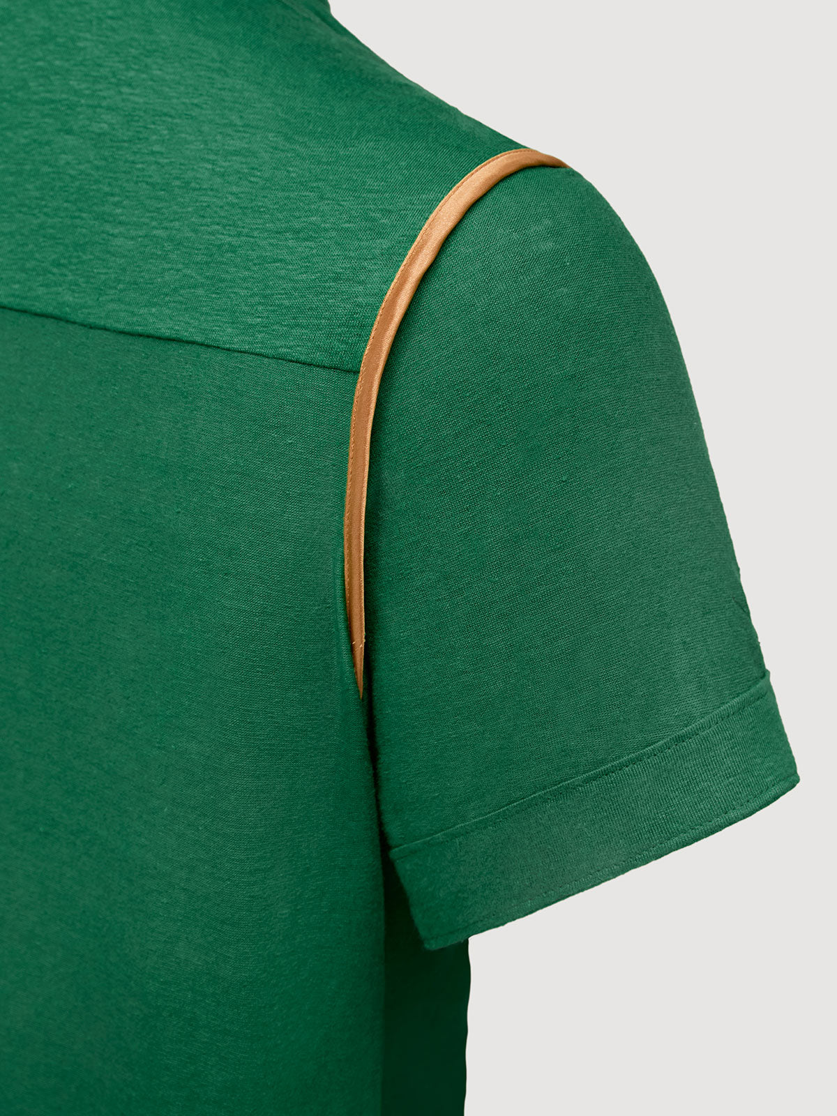 Madeira French Linen Short Sleeve Polo in *British Green* (forest green) — Cognac Silk™ armhole lining detail | Y.Chroma