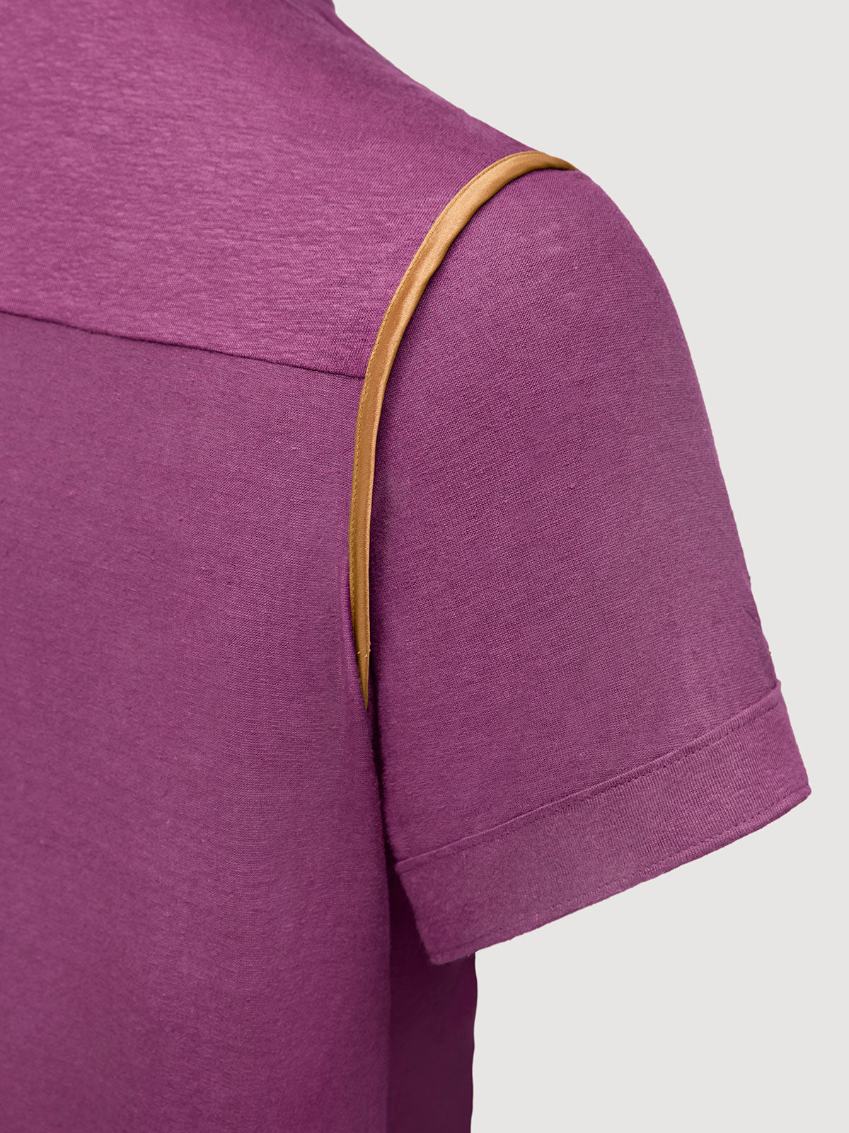 Madeira French Linen Short Sleeve Polo in *Italian Plum* (deep purple) — Cognac Silk™ armhole lining detail | Y.Chroma