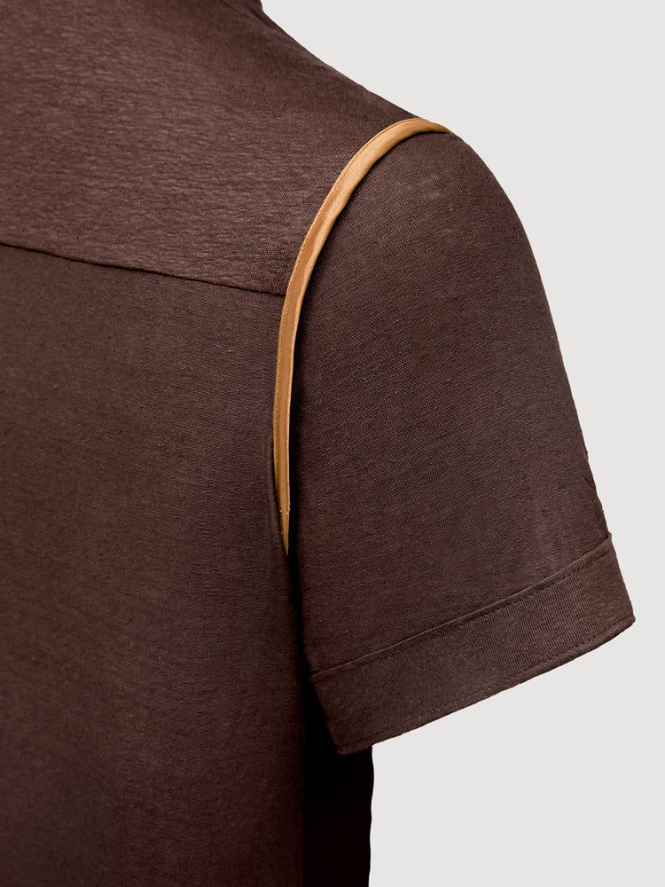 Madeira French Linen Short Sleeve Polo in *Java Brown* (warm brown) — Cognac Silk™ armhole lining detail | Y.Chroma