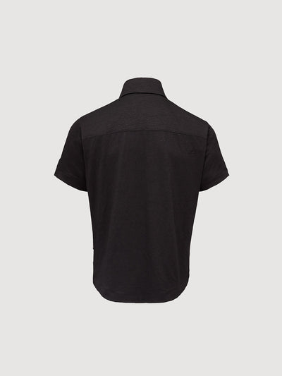 Madeira French Linen Short Sleeve Polo in *Berlin Black* (black) — flat lay back | Y.Chroma