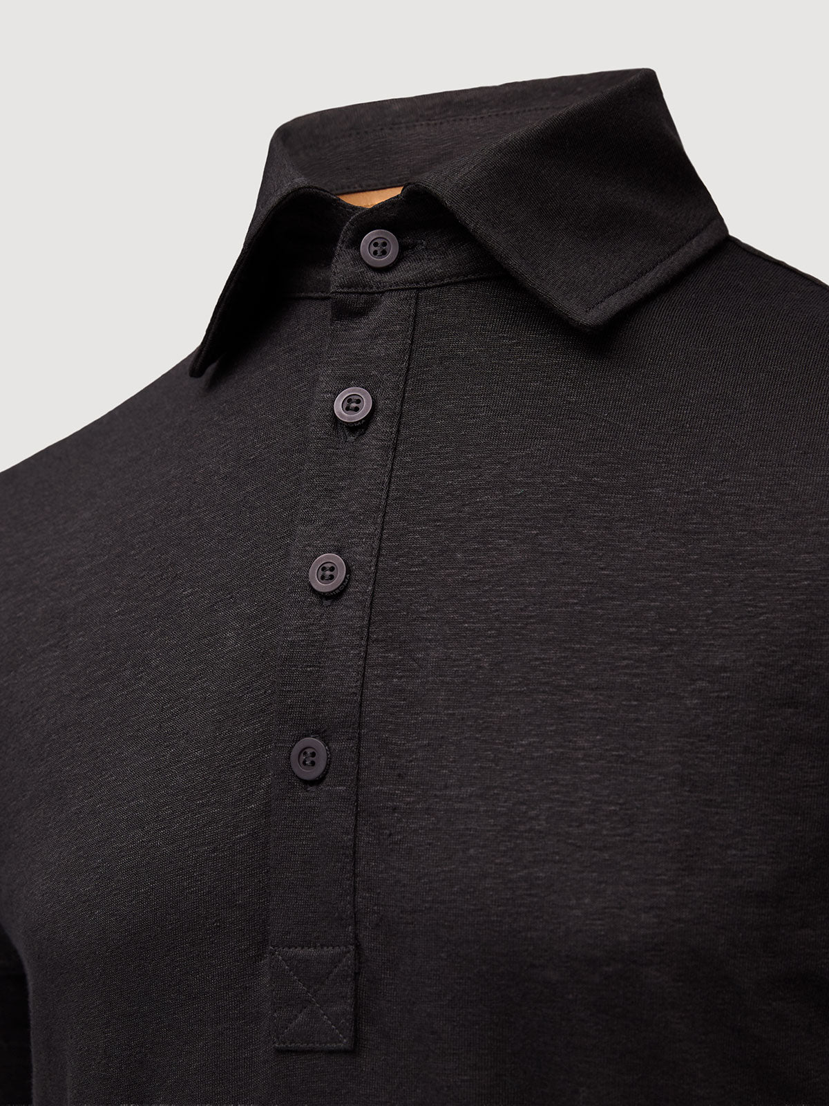 Madeira French Linen Short Sleeve Polo in *Berlin Black* (black) — collar detail | Y.Chroma