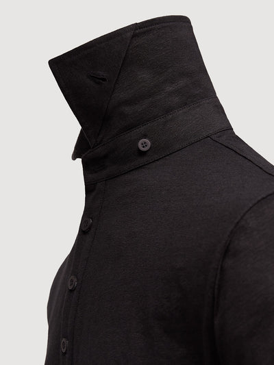 Madeira French Linen Short Sleeve Polo in *Berlin Black* (black) — collar button system detail | Y.Chroma
