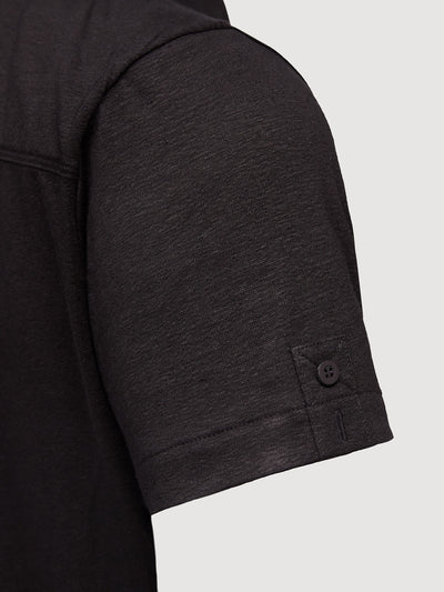 Madeira French Linen Short Sleeve Polo in *Berlin Black* (black) — sleeve uncuffed detail | Y.Chroma