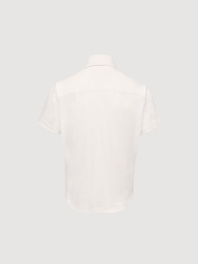 Madeira French Linen Short Sleeve Polo in *White Lotus* (off-white) — flat lay back | Y.Chroma