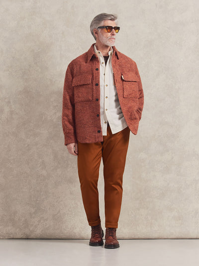 French Linen Short Sleeve Henley in *Java Brown* (warm brown) styled with Burnt Orange Varial Shirt-Cut Jacket, Caramel Café Becker Pant and White Lotus Lagos Canvas Work Shirt — full length lookbook | Y.Chroma
