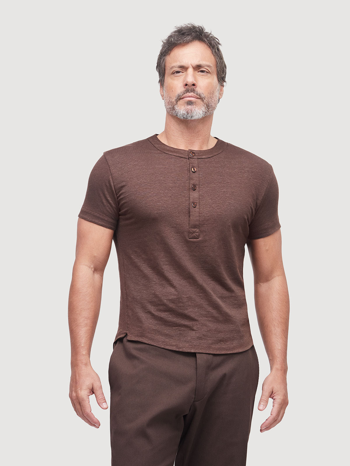 French Linen Short Sleeve Henley in *Java Brown* (warm brown) — flat lay front | Y.Chroma