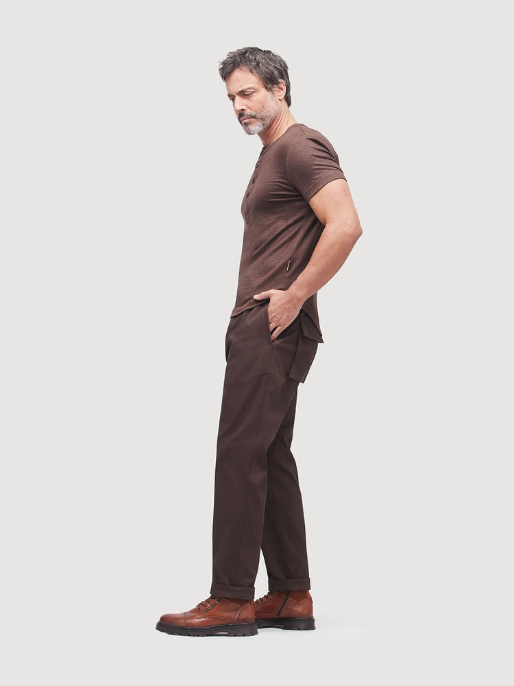 French Linen Short Sleeve Henley in *Java Brown* (warm brown) — flat lay front | Y.Chroma
