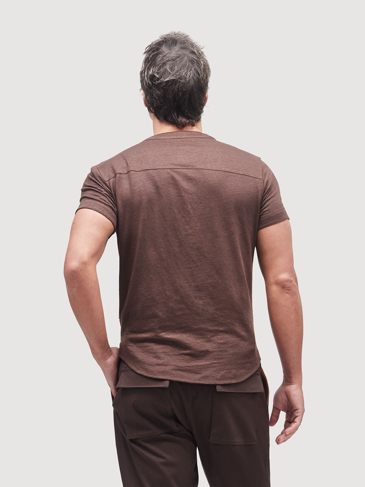 French Linen Short Sleeve Henley in *Java Brown* (warm brown) — flat lay front | Y.Chroma