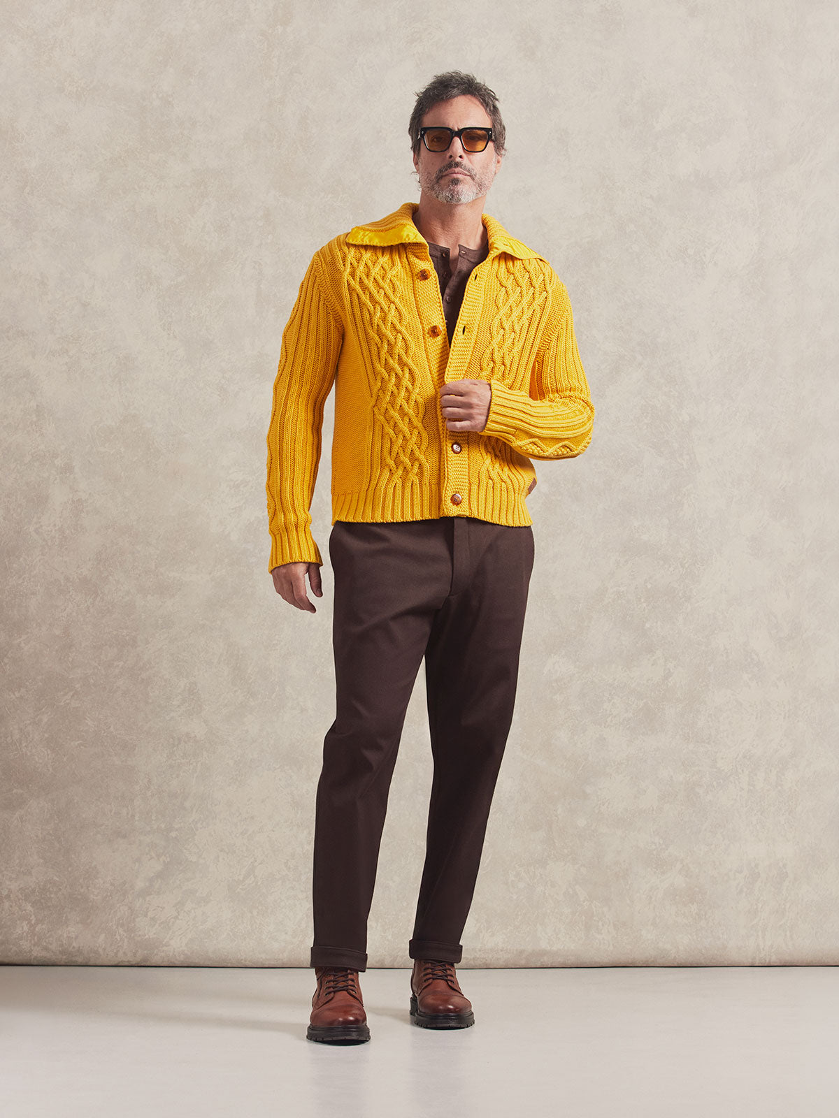 French Linen Short Sleeve Henley in *Java Brown* (warm brown) styled with Java Brown Becker Pant and Spectra Yellow Power Cable Sweater — full length lookbook | Y.Chroma