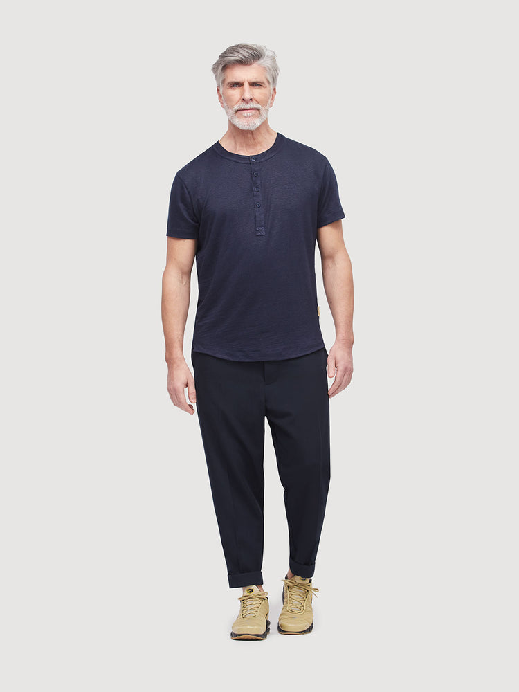 French Linen Short Sleeve Henley in *Midnight Blue* (navy blue) — flat lay back | Y.Chroma