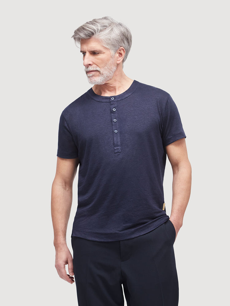 French Linen Short Sleeve Henley in *Midnight Blue* (navy blue) — flat lay back | Y.Chroma