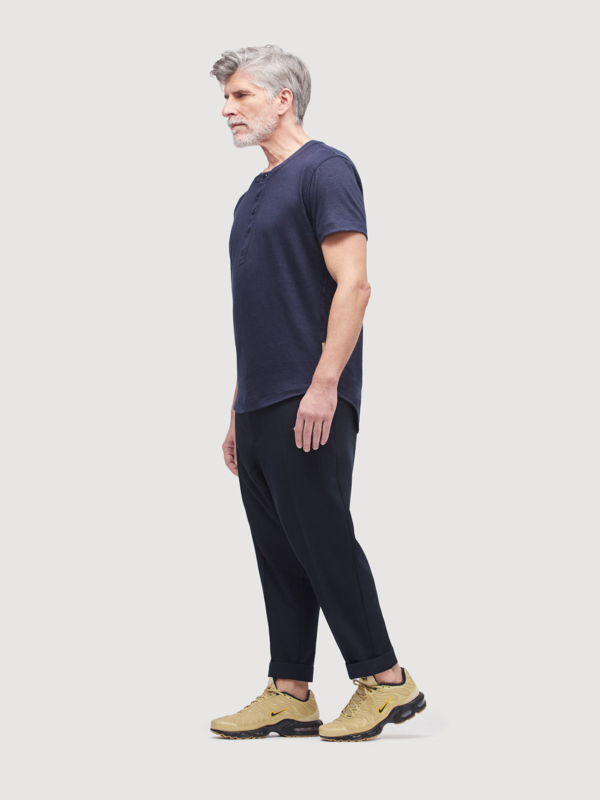 French Linen Short Sleeve Henley in *Midnight Blue* (navy blue) — flat lay back | Y.Chroma