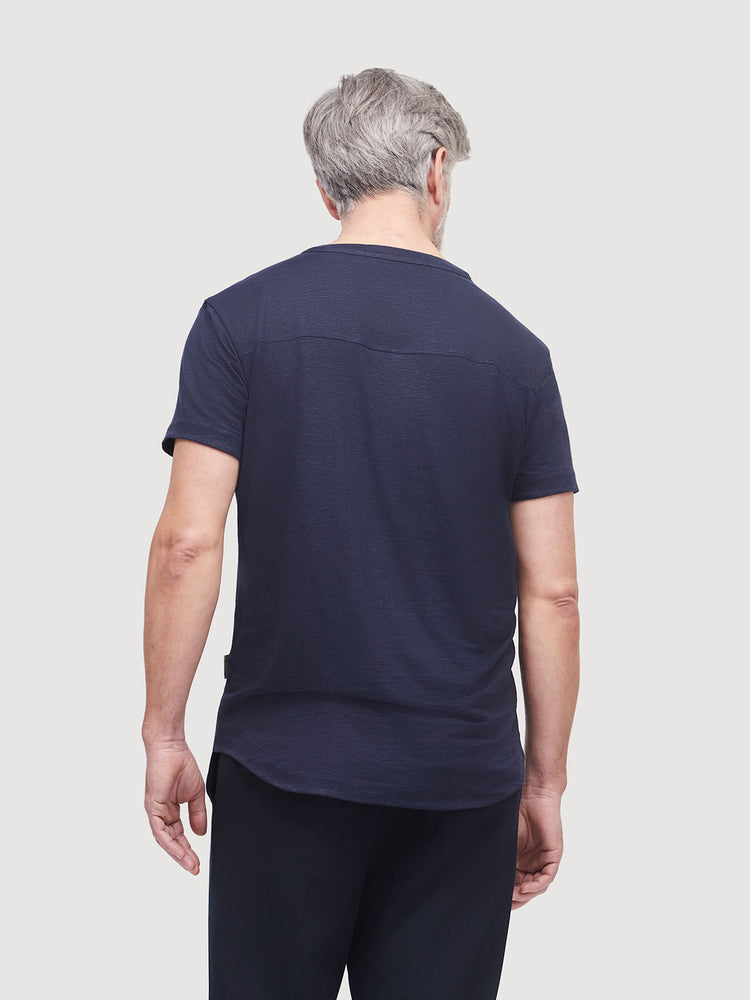 French Linen Short Sleeve Henley in *Midnight Blue* (navy blue) — flat lay back | Y.Chroma