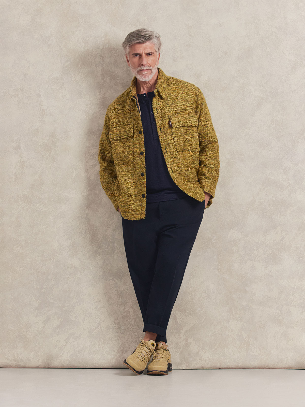 French Linen Short Sleeve Henley in *Midnight Blue* (navy blue) styled with Midnight Blue Retinol Pant and Citrine Varial Shirt-Cut Jacket — full length lookbook | Y.Chroma