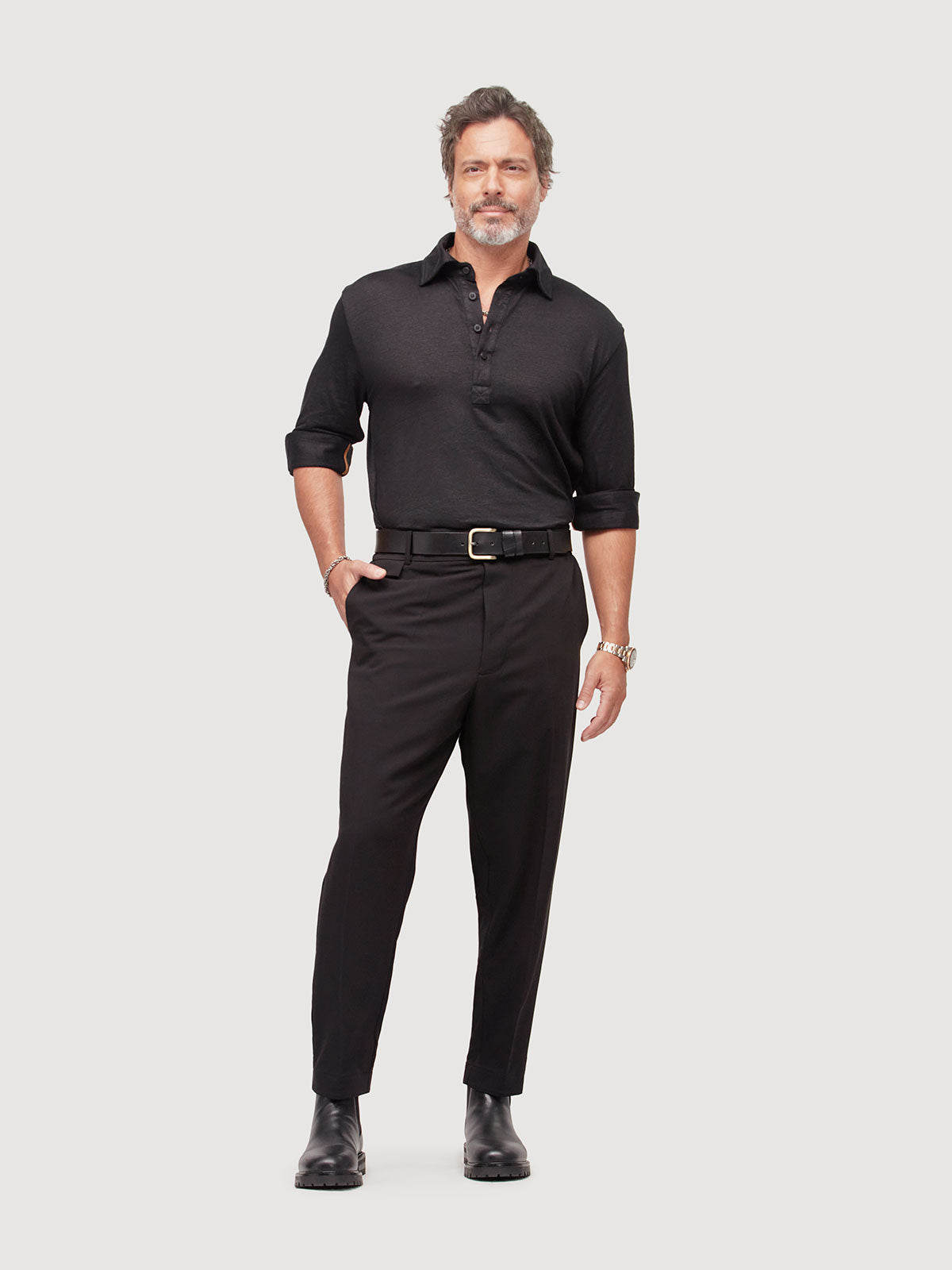 Madeira French Linen Long Sleeve Polo in *Berlin Black* (black) — full length front view | Y.Chroma