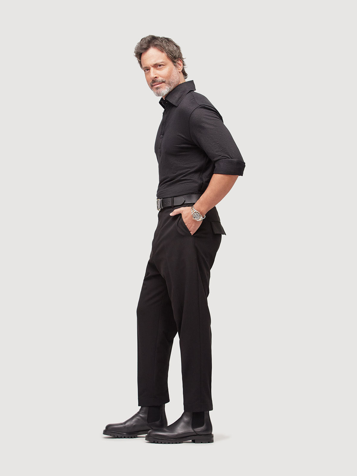 Madeira French Linen Long Sleeve Polo in *Berlin Black* (black) — side view | Y.Chroma
