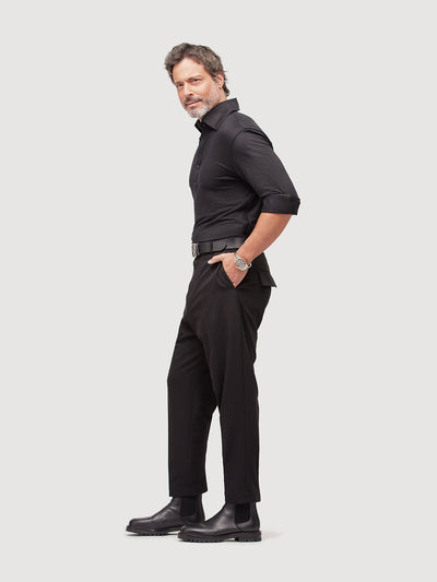 Madeira French Linen Long Sleeve Polo in *Berlin Black* (black) — side view | Y.Chroma