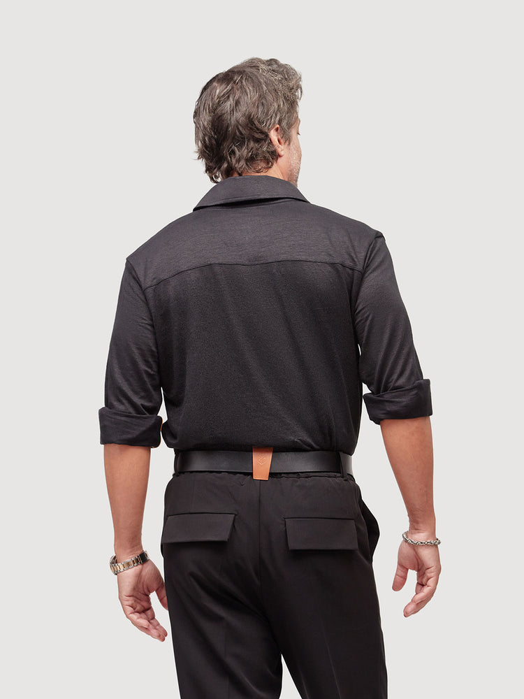 Madeira French Linen Long Sleeve Polo in *Berlin Black* (black) — back detail view | Y.Chroma