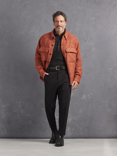 Madeira French Linen Long Sleeve Polo in *Berlin Black* (black) styled with Burnt Orange Varial Shirt-Cut Jacket and Berlin Black Retinol Pant — full length lookbook | Y.Chroma