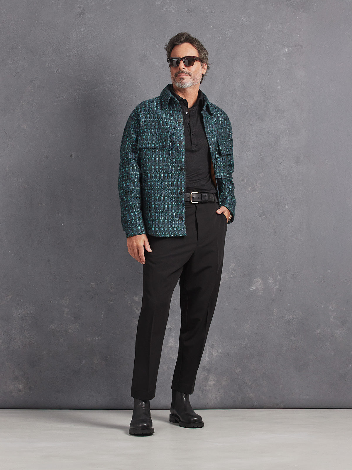 Madeira French Linen Long Sleeve Polo in *Berlin Black* (black) styled with Teal and Gray Varial Shirt-Cut Jacket and Berlin Black Retinol Pant — full length lookbook | Y.Chroma