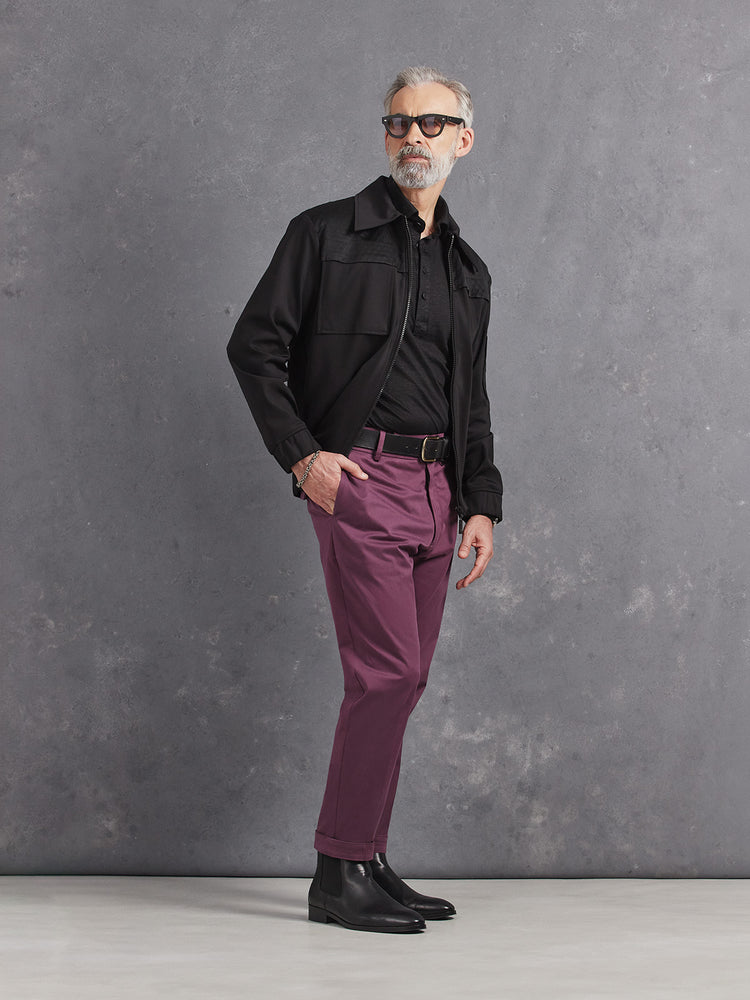 Madeira French Linen Long Sleeve Polo in *Berlin Black* (black) styled with Italian Plum Skyline Pant and Berlin Black Drücken Track Jacket — full length lookbook | Y.Chroma