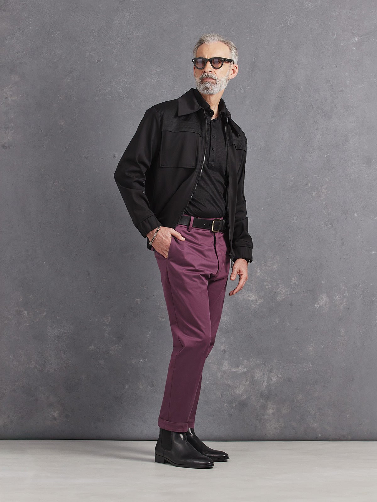 Madeira French Linen Long Sleeve Polo in *Berlin Black* (black) styled with Italian Plum Skyline Pant and Berlin Black Drücken Track Jacket — full length lookbook | Y.Chroma