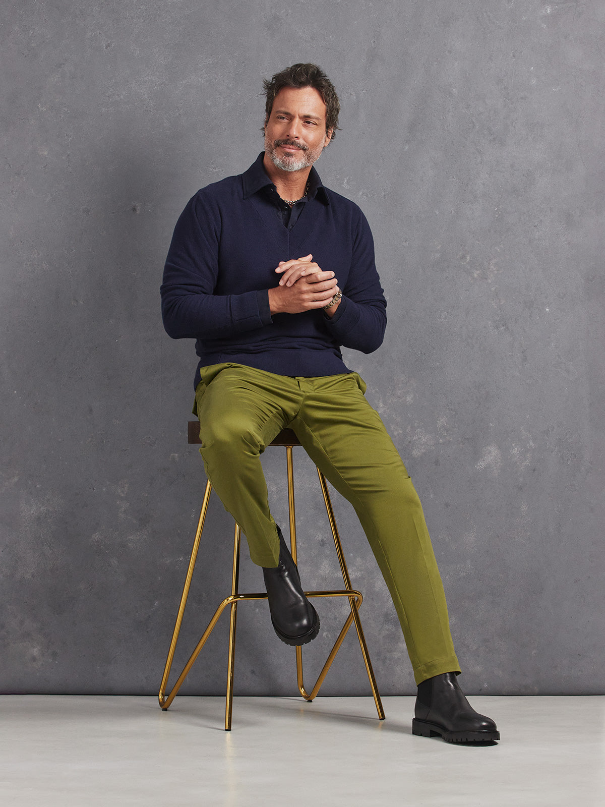 Madeira French Linen Long Sleeve Polo in *Midnight Blue* (navy blue) styled with Military Olive Becker Pant and Midnight Blue Dwayne V-Neck Cashmere Sweater — full length lookbook | Y.Chroma