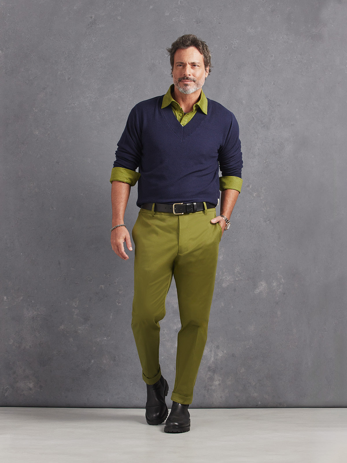 Madeira French Linen Long Sleeve Polo in *Military Olive* (olive green) styled with Military Olive Becker Pant and Midnight Blue Dwayne V-Neck Cashmere Sweater — full length lookbook | Y.Chroma