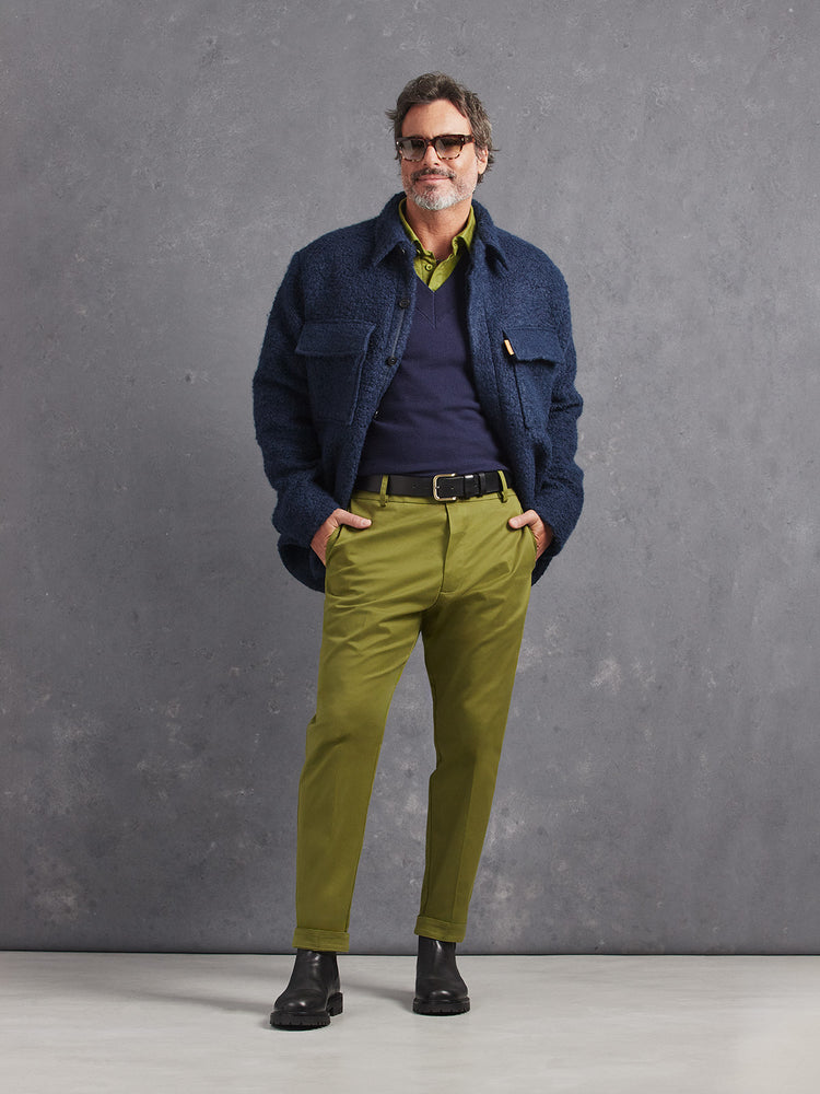 Madeira French Linen Long Sleeve Polo in *Military Olive* (olive green) styled with Military Olive Becker Pant, Midnight Blue Dwayne V-Neck Cashmere Sweater and Midnight Blue Deckmaster — full length lookbook | Y.Chroma