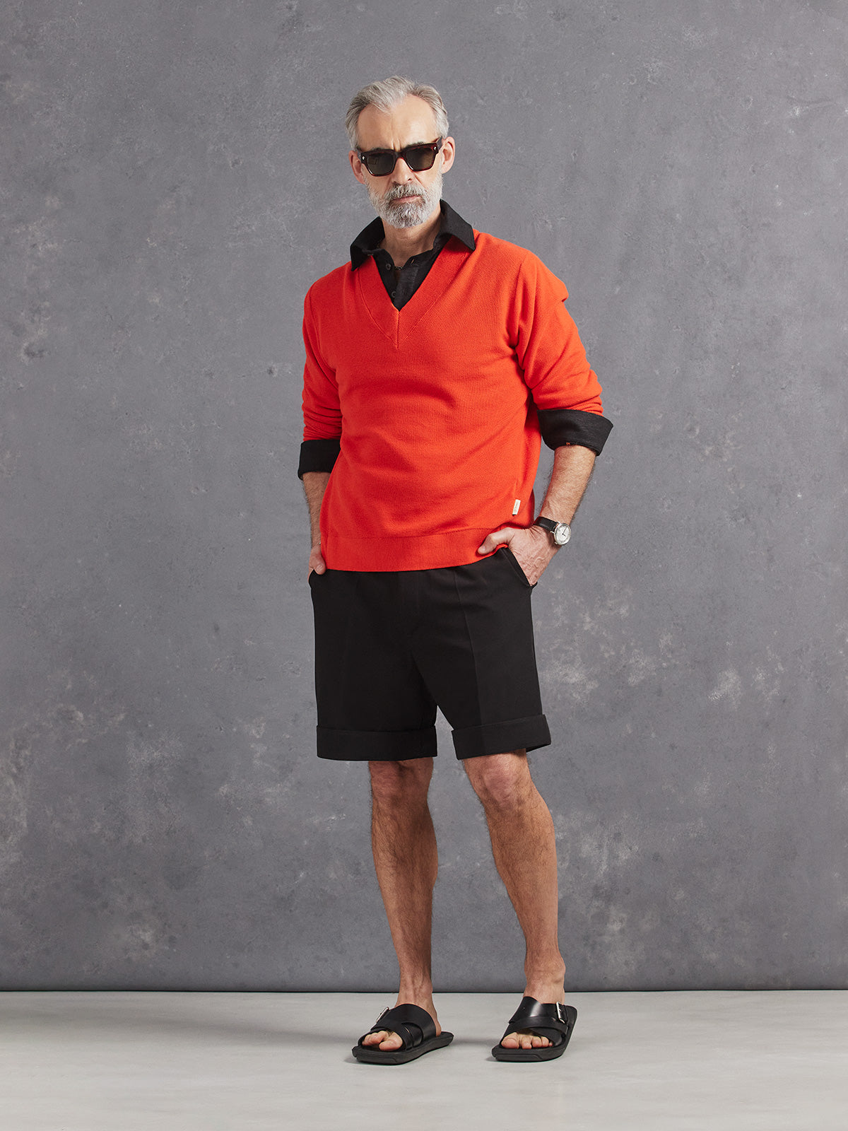 Madeira French Linen Long Sleeve Polo in *Berlin Black* (black) styled with Berlin Black Retinol Short and Aperol Orange Dwayne V-Neck Cashmere Sweater — full length lookbook | Y.Chroma