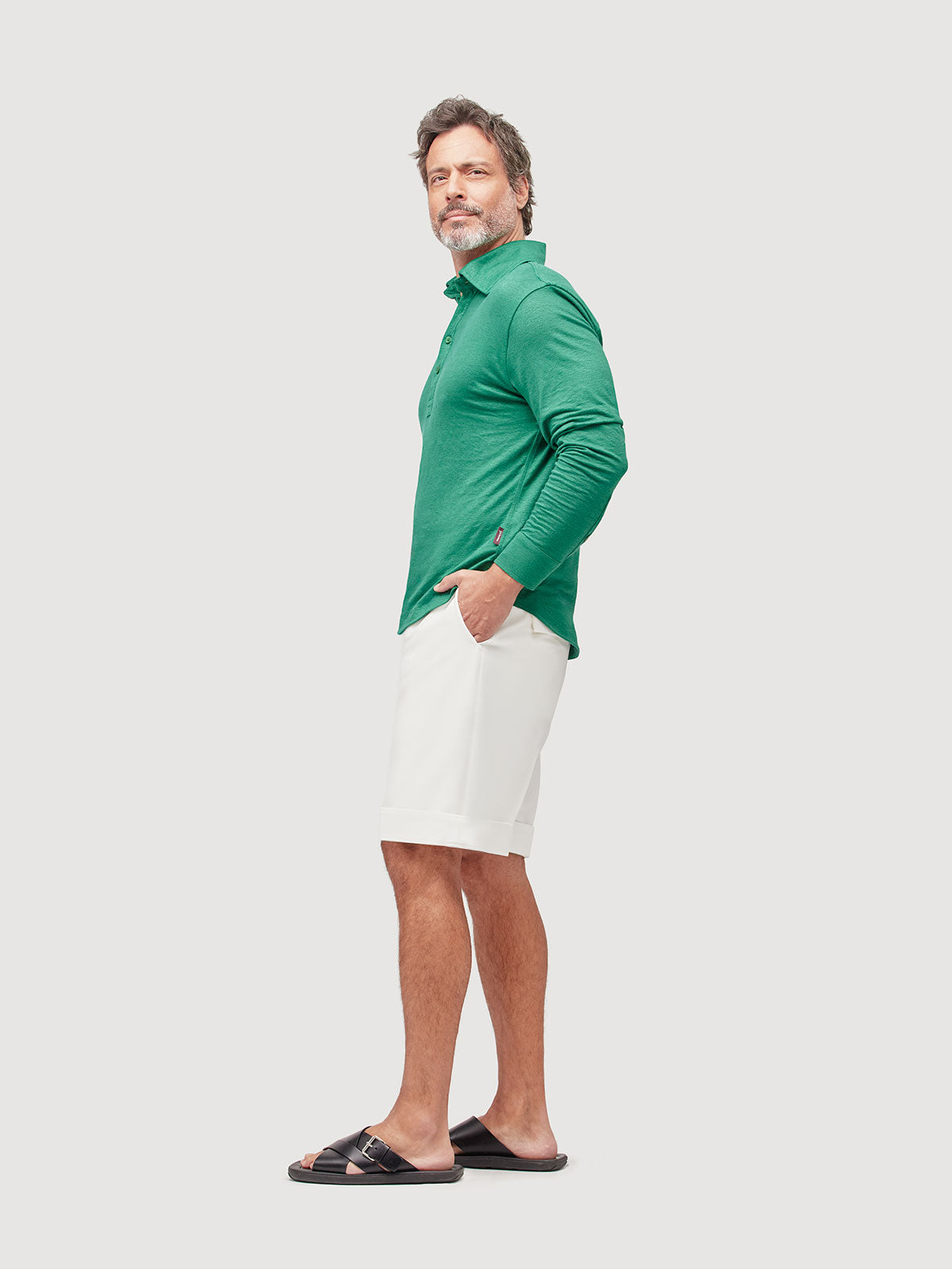 Madeira French Linen Long Sleeve Polo in *British Green* (forest green) — side view | Y.Chroma