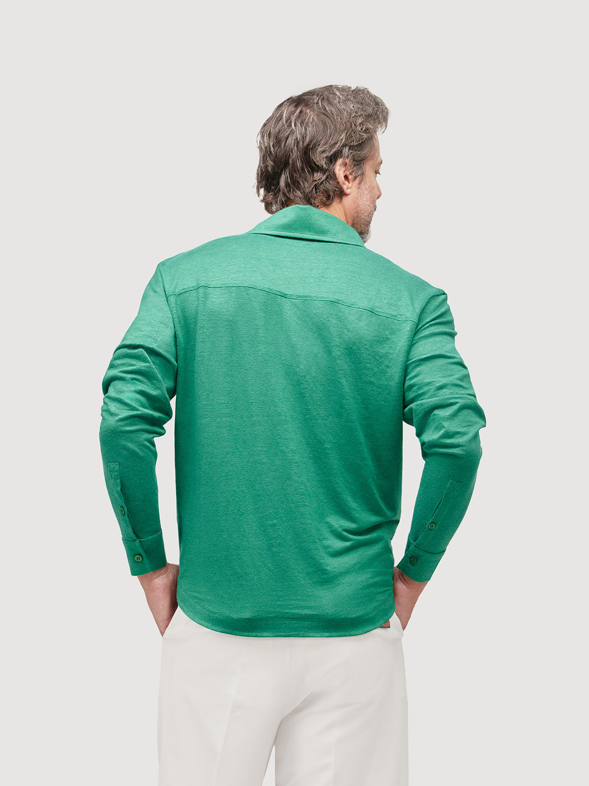 Madeira French Linen Long Sleeve Polo in *British Green* (forest green) — back detail view | Y.Chroma