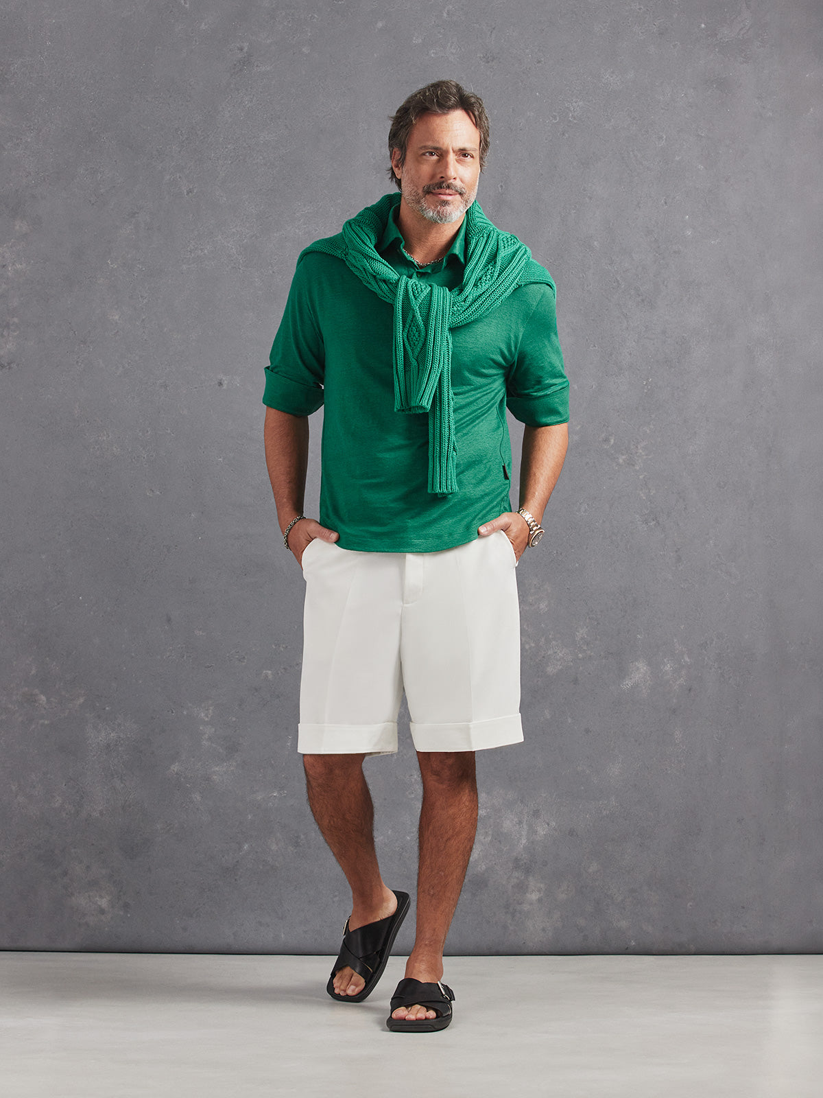 Madeira French Linen Long Sleeve Polo in *British Green* (forest green) styled with White Lotus Retinol Short and British Green Power Cable Sweater on shoulders — full length lookbook | Y.Chroma