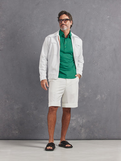 Madeira French Linen Long Sleeve Polo in *British Green* (forest green) styled with White Lotus Retinol Short and White Lotus Drücken Track Jacket — full length lookbook | Y.Chroma