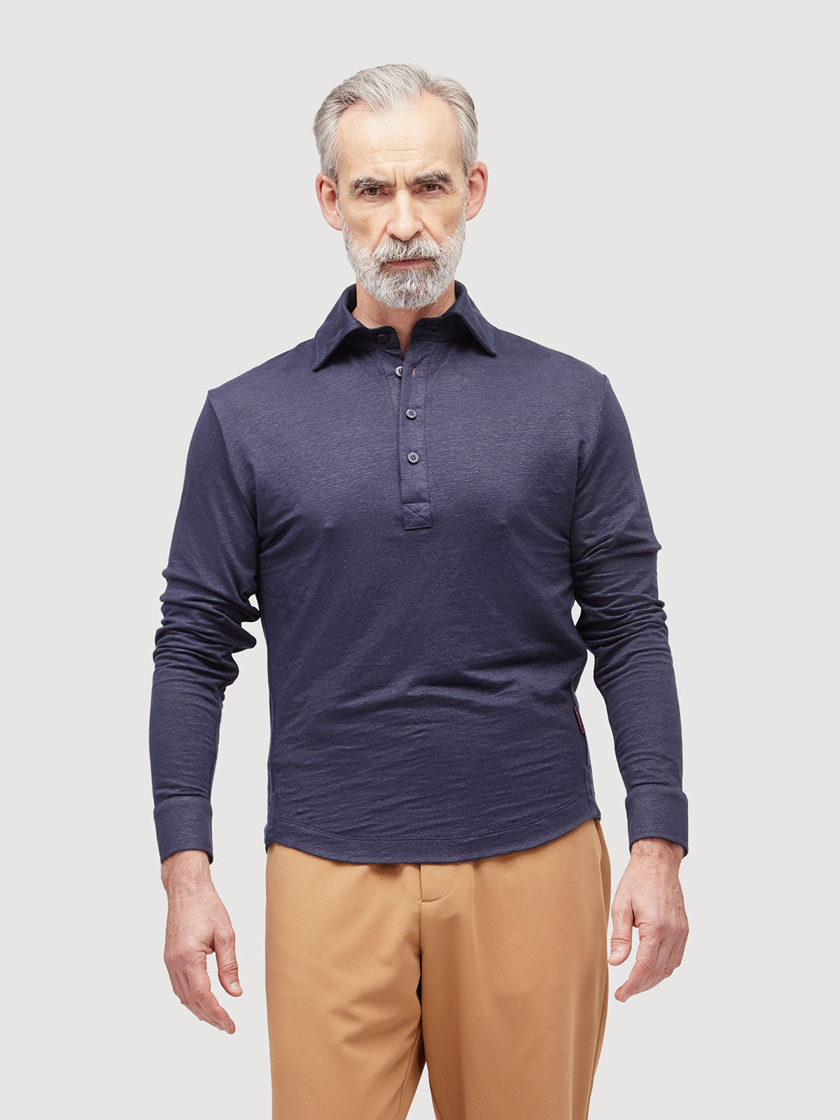 Madeira French Linen Long Sleeve Polo in *Midnight Blue* (navy blue) — front detail view | Y.Chroma