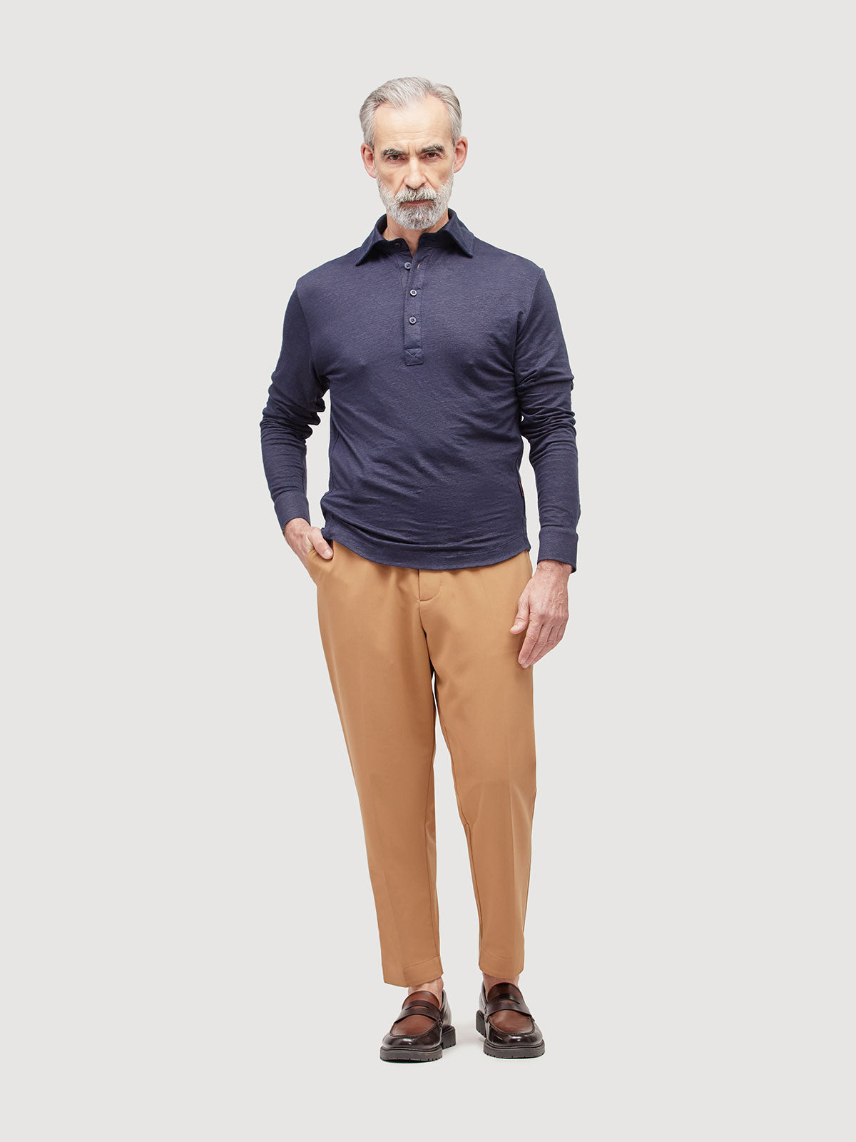 Madeira French Linen Long Sleeve Polo in *Midnight Blue* (navy blue) — full length front view | Y.Chroma