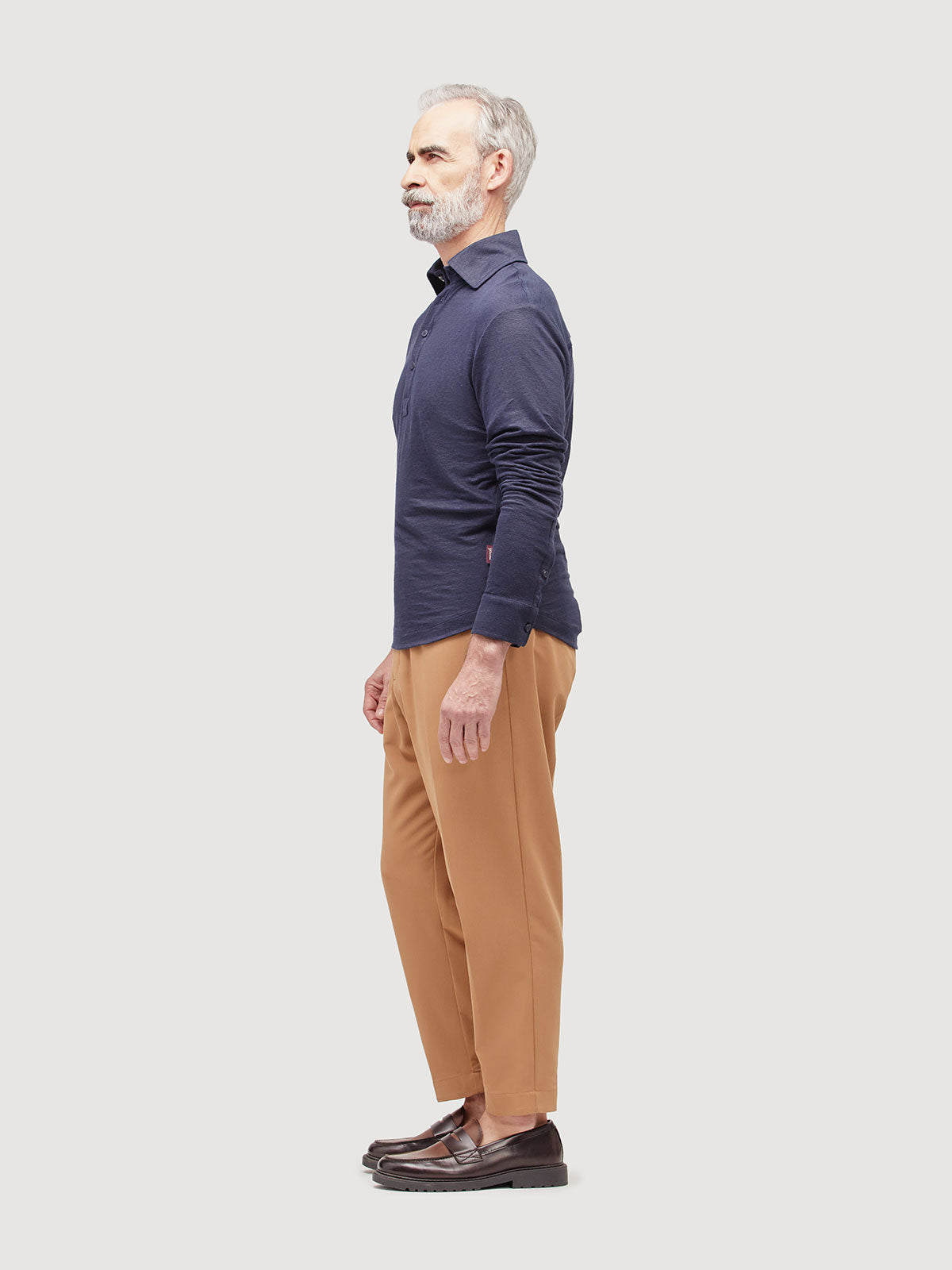 Madeira French Linen Long Sleeve Polo in *Midnight Blue* (navy blue) — side view | Y.Chroma