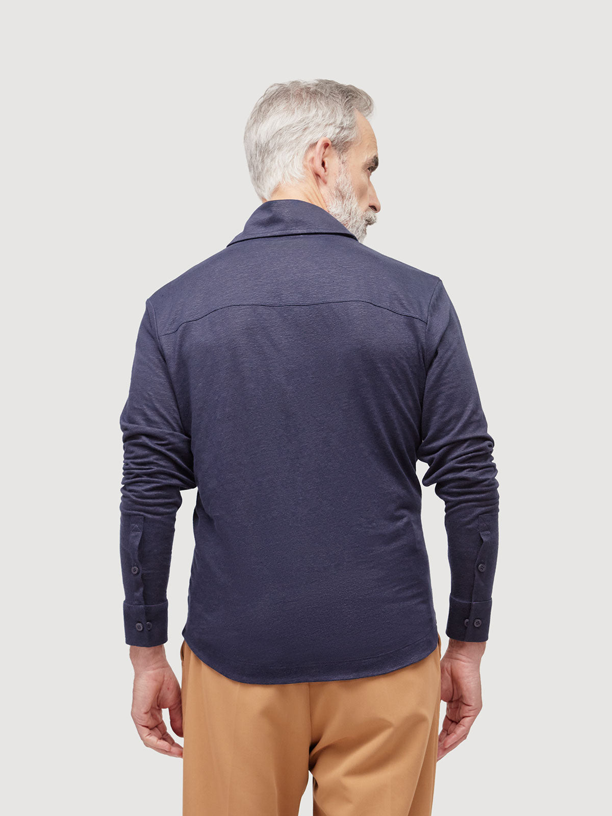 Madeira French Linen Long Sleeve Polo in *Midnight Blue* (navy blue) — back detail view | Y.Chroma