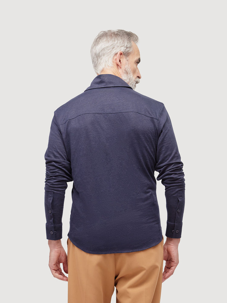 Madeira French Linen Long Sleeve Polo in *Midnight Blue* (navy blue) — back detail view | Y.Chroma