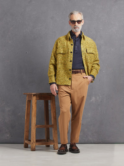 Madeira French Linen Long Sleeve Polo in *Midnight Blue* (navy blue) styled with Dark Soybean Retinol Pant and Citrine Varial Shirt-Cut Jacket — full length lookbook | Y.Chroma