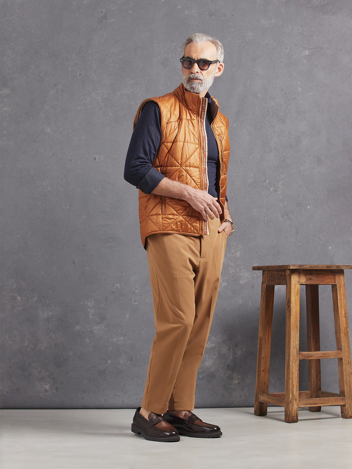 Madeira French Linen Long Sleeve Polo in *Midnight Blue* (navy blue) styled with Dark Soybean Retinol Pant and Quatro Down Vest — full length lookbook | Y.Chroma